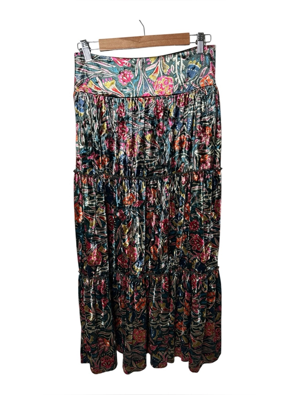 Natural Life Crushed Velvet Floral Maxi Skirt Size Medium Tiered Smocked Waist